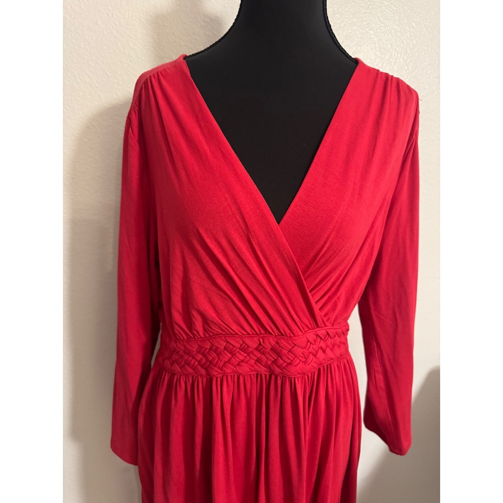 Harper 241 Red V-Neck Long Sleeve Midi Dress Braided Waist Smocked Back Size S